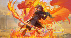 Rule 34 | 1boy, armor, blurry, blurry background, chainmail, cindyavelino, claws, colosseum, commentary, commission, curled horns, dragon, dragon boy, english commentary, fantasy, fighting, fighting stance, fire, flaming sword, flaming weapon, highres, holding, holding sword, holding weapon, horns, open mouth, original, outdoors, polearm, scabbard, sharp teeth, sheath, shield, shoulder armor, spear, sword, teeth, watermark, weapon, winged arms, wings, yellow eyes