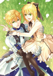 Rule 34 | 1boy, 1girl, :d, armor, arthur pendragon (fate), artoria pendragon (all), artoria pendragon (fate), bare shoulders, black bow, black pantyhose, blonde hair, bow, breasts, carrying, dress, dual persona, fate/prototype, fate/stay night, fate/unlimited codes, fate (series), full armor, green eyes, hair between eyes, hair bow, highres, long hair, open mouth, pantyhose, petals, ponytail, princess carry, saber lily, short hair, small breasts, smile, standing, white dress, yuu+1