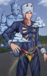 Rule 34 | 2boys, blue eyes, bodysuit, clothing cutout, cloud, codpiece, fake horns, fur cuffs, highres, horned hat, horns, jojo no kimyou na bouken, multiple boys, rain, rainbow, ryoichi ry01, stand (jojo), stone ocean, weather report, weather report (stand)