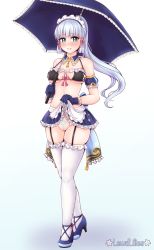 Rule 34 | 1girl, absurdres, artist name, ayaka (genshin impact), bare shoulders, bikini, blue eyes, blue hair, blunt bangs, breasts, clothes lift, detached collar, frills, full body, garter straps, genshin impact, gloves, high heels, highres, lewdlilies, lifted by self, long hair, looking at viewer, maid, maid bikini, maid headdress, medium breasts, mole, mole under eye, no panties, ponytail, pubic tattoo, pussy, race queen, sidelocks, simple background, skirt, skirt lift, smile, solo, swimsuit, tattoo, thighhighs, umbrella, unconventional maid, vision (genshin impact), white background, white thighhighs