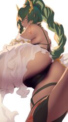 Rule 34 | 1girl, arm tattoo, ass, brown eyes, cameltoe, granblue fantasy, green hair, hair ornament, horus (granblue fantasy), ion (cation), looking at viewer, looking back, ponytail, solo, swimsuit, tagme, tattoo, tattoo on face, tattoo on legs
