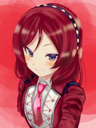 Rule 34 | 1girl, anniversary, artist name, artist request, blue hairband, blush, breasts, collared shirt, dress, female focus, hair between eyes, hair over shoulder, hairband, highres, long sleeves, looking at viewer, love live!, love live! school idol festival, love live! school idol project, nishikino maki, parted lips, purple eyes, red background, red dress, red hair, red neckwear, shirt, short hair, small breasts, smile, solo, upper body, v-shaped eyebrows