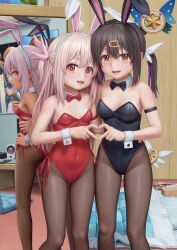 Rule 34 | 3girls, :d, ahoge, aki99, animal ears, arm strap, artist name, ass, bare shoulders, black bow, black bowtie, black hair, black hairband, black leotard, bow, bowtie, breasts, brown pantyhose, chloe von einzbern, commentary, crossover, dark-skinned female, dark skin, detached collar, different reflection, english commentary, fake animal ears, fate/kaleid liner prisma illya, fate (series), feather hair ornament, feathers, finger to mouth, hair between eyes, hair ornament, hairband, hairclip, half updo, hand on own hip, heart, heart hands, heart hands duo, highres, indoors, kaleidostick, leotard, long hair, looking at viewer, magical ruby, magical sapphire, medium breasts, mirror, mixed-language commentary, multicolored hair, multiple girls, navel, onii-chan wa oshimai!, open mouth, orange eyes, oyama mahiro, oyama mihari, paid reward available, pantyhose, pink hair, playboy bunny, poster (object), purple hair, rabbit ears, red bow, red bowtie, red leotard, reflection, shushing, siblings, sisters, small breasts, smile, streaked hair, twintails, two-tone hair, two side up, variant set, white hairband, wrist cuffs