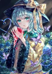 Rule 34 | 1girl, absurdres, blood, blood from mouth, blood on hands, blue flower, blue rose, blush, bug, butterfly, cropped legs, flower, green eyes, green hair, hair between eyes, hat, hat ribbon, heart, heart of string, highres, insect, komeiji koishi, long sleeves, looking at viewer, open mouth, painting (medium), ribbon, rose, short hair, solo, suzushina, third eye, touhou, traditional media, twitter username, upper body, wide sleeves