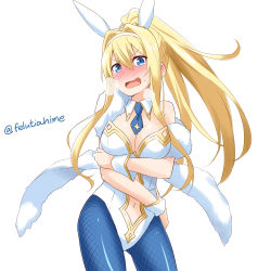 Rule 34 | 1girl, alice zuberg, animal ears, artoria pendragon (all), artoria pendragon (fate), artoria pendragon (swimsuit ruler) (fate), artoria pendragon (swimsuit ruler) (fate) (cosplay), bare shoulders, blonde hair, blue eyes, blue necktie, blue pantyhose, blush, breasts, breath, cleavage, clothing cutout, color connection, commentary request, cosplay, cowboy shot, crossed arms, detached collar, embarrassed, fake animal ears, fate (series), felutiahime, female focus, fishnet pantyhose, fishnets, hair between eyes, high ponytail, highleg, highres, large breasts, leotard, long hair, looking at viewer, navel, navel cutout, necktie, open mouth, pantyhose, playboy bunny, ponytail, rabbit ears, sidelocks, simple background, solo, strapless, strapless leotard, sword art online, trait connection, twitter username, white background, white leotard, wrist cuffs