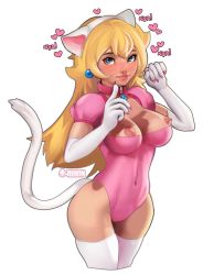 Rule 34 | 1girl, animal ears, animal hands, artist name, blonde hair, blue eyes, blush, breasts, cat ears, cat tail, collar, covered navel, cropped legs, dress, earrings, elbow gloves, fake animal ears, fingernails, gloves, jewelry, kemonomimi mode, leotard, lips, lipstick, long hair, makeup, mario (series), medium breasts, nail polish, nintendo, nipples, paw gloves, pink dress, pink nails, princess peach, puffy sleeves, revealing clothes, sharp fingernails, solo, super mario bros. 1, tail, thighhighs, toxxy, transparent background, white gloves, white thighhighs
