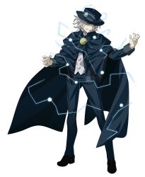 Rule 34 | 1boy, absurdres, cape, crazy smile, edmond dantes (fate), fate/grand order, fate (series), fedora, full body, grin, hair over one eye, hat, highres, komatsuzaki rui, looking at viewer, male focus, melty blood: type lumina, official art, short hair, simple background, smile, solo, standing, takeuchi takashi, transparent background, wavy hair, white hair, yellow eyes