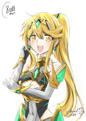 Rule 34 | 1girl, absurdres, alternate hairstyle, bare shoulders, blonde hair, breasts, chest jewel, cleavage, cleavage cutout, clothing cutout, drawing, dress, earrings, elbow gloves, gloves, highres, jewelry, large breasts, long hair, mythra (xenoblade), ponytail, short dress, simple background, sofusan1526, solo, swept bangs, tiara, very long hair, white background, white dress, white gloves, xenoblade chronicles (series), xenoblade chronicles 2, yellow eyes
