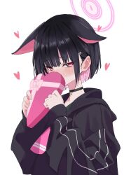 Rule 34 | 1girl, animal ears, black choker, black hair, black jacket, blue archive, blush, box, box of chocolates, candy, cat ears, chocolate, choker, colored inner hair, commentary, extra ears, food, gift, gift box, hair ornament, hairclip, halo, heart, heart-shaped box, highres, holding, holding chocolate, holding food, holding gift, hood, jacket, kazusa (blue archive), long sleeves, looking at viewer, multicolored hair, ohajiki 0000, pantyhose, pink hair, red eyes, short hair, solo, two-tone hair, valentine