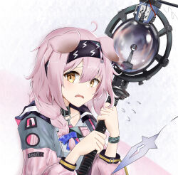 Rule 34 | 1girl, animal ears, arknights, blue bow, bow, bracelet, braid, cat ears, cat girl, flying sweatdrops, goldenglow (arknights), hair bow, headband, highres, holding, holding staff, jacket, jewelry, lightning bolt print, open mouth, pink hair, sarea (sarea2020), solo, staff, upper body, wire, yellow eyes