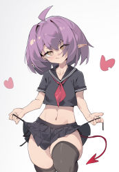 Rule 34 | 1girl, absurdres, ahoge, black skirt, chinese commentary, closed mouth, commentary request, cowboy shot, demon tail, eyes visible through hair, fang, hair over one eye, head tilt, heart, highres, iyasu shikaku, looking at viewer, medium hair, midriff, navel, neckerchief, original, panties, pleated skirt, pointy ears, purple hair, red neckerchief, sailor collar, school uniform, serafuku, side-tie panties, simple background, skirt, smile, solo, standing, stomach, tail, thighhighs, thighs, underwear, untying, white background, yellow eyes
