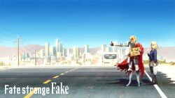 Rule 34 | armor, belt, blonde hair, blue eyes, braid, cape, car, copyright name, desert, fate/strange fake, fate (series), full armor, gauntlets, greaves, highres, highway, hitchhiker&#039;s thumb, hitchhiking, holding, holding sign, knight, looking at viewer, motor vehicle, official art, one eye closed, pantyhose, plate armor, pleated skirt, red cape, richard i (fate), road, sajou ayaka (fate/strange fake), short hair, shoulder armor, sign, skirt, smile, sweater, thumbs up