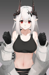 Rule 34 | 1girl, arknights, bare shoulders, black gloves, black sports bra, blush, breasts, closed mouth, collarbone, earrings, gloves, gradient background, grey background, hands up, highres, horns, jewelry, large breasts, long sleeves, looking at viewer, mudrock (arknights), navel, off shoulder, open clothes, oyatsu 0, pointy ears, red eyes, solo, sports bra, stomach, upper body, white hair