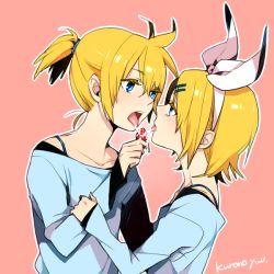 Rule 34 | 1boy, 1girl, bad id, bad pixiv id, blonde hair, blue eyes, brother and sister, condensed milk, food, fruit, hair ribbon, hetero, holding, holding food, holding fruit, incest, kagamine len, kagamine rin, kurono yuu, licking, open mouth, ponytail, ribbon, saliva, saliva trail, sexually suggestive, short hair, siblings, signature, simple background, strawberry, teeth, tongue, twincest, twins, vocaloid