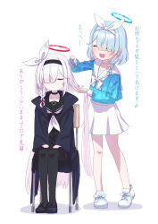 Rule 34 | 2girls, absurdres, arona (blue archive), black choker, black coat, black footwear, black hairband, black pantyhose, black sailor collar, black serafuku, blue archive, blue hair, blue halo, blue shirt, braid, choker, closed eyes, closed mouth, coat, colored inner hair, commentary request, full body, hair ribbon, tucking hair, hairband, halo, highres, long hair, looking at another, multicolored hair, multiple girls, neckerchief, on chair, open clothes, open coat, open mouth, pantyhose, pink hair, plana (blue archive), red halo, ribbon, sailor collar, school uniform, serafuku, shirt, shoes, side braid, simple background, sitting, skirt, smile, standing, take-run-atelier, translation request, white background, white footwear, white hair, white neckerchief, white ribbon, white sailor collar, white skirt