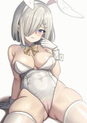 Rule 34 | 1girl, absurdres, alternate costume, animal ears, bare shoulders, blue eyes, blush, bow, bowtie, breasts, cameltoe, cleavage, covered navel, detached collar, fake animal ears, grey hair, hair ornament, hair over one eye, hairclip, hamakaze (kancolle), highleg, highleg leotard, highres, kantai collection, large breasts, leotard, looking at viewer, neon p, playboy bunny, rabbit ears, rabbit tail, short hair, sitting, solo, strapless, strapless leotard, tail, thighhighs, traditional bowtie, white background, white leotard, white thighhighs, wrist cuffs