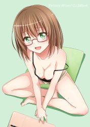 Rule 34 | 1girl, :d, bang dream!, bare legs, bare shoulders, barefoot, blush, breasts, brown hair, cleavage, collarbone, computer, crossed legs, downblouse, from above, full body, glasses, green background, green eyes, highres, indian style, laptop, legs, looking at viewer, medium breasts, on floor, open mouth, red-framed eyewear, semi-rimless eyewear, short hair, shorts, simple background, sitting, smile, solo, strap slip, tank top, tina1213, under-rim eyewear, yamato maya