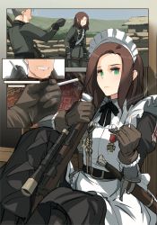 Rule 34 | 1boy, 1girl, aged down, angry, apron, asterisk kome, brown hair, cigarette, gina wallace, gloves, green eyes, grin, gun, highres, holding, holding cigarette, maid, maid apron, maid headdress, medal, remembering, military, military uniform, original, rifle, scabbard, sheath, smile, scope, soldier, sword, uniform, weapon