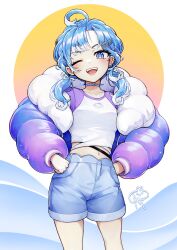 1girl ;d absurdres ahoge asymmetrical_bangs blue_choker blue_eyes blue_hair breasts bright_pupils choker collarbone colored_tips commentary contrapposto cowboy_shot cropped_shirt curly_hair denim denim_shorts down_jacket dumpling_aria_(artist) ear_piercing earrings english_commentary hair_ornament hands_on_own_hips heart heart_hair_ornament highres hololive hololive_indonesia jacket jewelry kobo_kanaeru kobo_kanaeru_(4th_costume) legs_apart looking_at_viewer low_twintails medium_hair midriff multicolored_hair navel official_alternate_costume official_alternate_hairstyle one_eye_closed open_clothes open_jacket open_mouth padded_jacket piercing print_shirt raglan_sleeves shirt shorts shorts_rolled_up signature simple_background small_breasts smile solo stud_earrings twintails virtual_youtuber