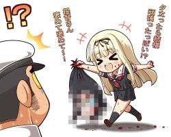Rule 34 | !?, &gt; &lt;, 10s, 1boy, 1girl, ^^^, abyssal ship, admiral (kancolle), black hair, blonde hair, blood, blood on clothes, blood on face, blood on hands, blush stickers, brown hair, censored, censored violence, chibi, closed eyes, hair ribbon, hat, kano-0724, kantai collection, mosaic censoring, ribbon, ru-class battleship, severed head, sweat, yuudachi (kancolle)