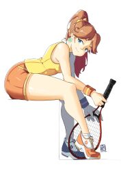 Rule 34 | 1girl, arched back, automatic giraffe, bag, brown hair, collared shirt, commentary, dolphin shorts, earrings, english commentary, flipped hair, flower earrings, from side, full body, highres, jewelry, looking at viewer, looking to the side, mario (series), mario tennis, medium hair, nintendo, official alternate costume, orange footwear, orange shorts, parted bangs, ponytail, princess daisy, racket, shirt, shoes, short hair, short shorts, shorts, shoulder bag, signature, sitting, sleeveless, sleeveless shirt, smile, sneakers, socks, solo, tennis daisy, tennis racket, thighs, white background, white socks, yellow shirt