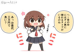 Rule 34 | 1girl, anchor symbol, black sailor collar, black skirt, black thighhighs, brown eyes, brown hair, chibi, commentary, fang, full body, goma (yoku yatta hou jane), ikazuchi (kancolle), kantai collection, neckerchief, open mouth, pleated skirt, red neckerchief, sailor collar, sailor shirt, school uniform, serafuku, shirt, short hair, simple background, skin fang, skirt, smile, solo, standing, thighhighs, translated, twitter username, wallet, wavy mouth, white background, white shirt