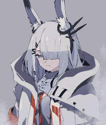 Rule 34 | 1girl, animal ear fluff, animal ears, arknights, artist name, blunt bangs, citron80citron, closed mouth, commentary request, frostnova (arknights), grey background, grey eyes, grey hair, grey shirt, hair ornament, hair over one eye, hairclip, half-closed eyes, highres, long hair, rabbit ears, rabbit girl, scar, scar on face, scar on nose, shirt, solo, upper body