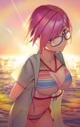 Rule 34 | 1girl, alternate hairstyle, arms behind back, backlighting, bikini, blush, breasts, cleavage, closed mouth, commentary request, cowboy shot, fate/grand order, fate (series), glasses, hair over one eye, halterneck, horizon, large breasts, leaning forward, light purple hair, looking at viewer, mash kyrielight, mash kyrielight (swimsuit of perpetual summer ver.02), multicolored bikini, multicolored clothes, navel, ocean, official alternate costume, open clothes, open shirt, outdoors, purple eyes, purple hair, reflection, rotix, shirt, short hair, short sleeves, side-tie bikini bottom, smile, solo, stomach, striped bikini, striped clothes, sunset, swimsuit, water, white shirt