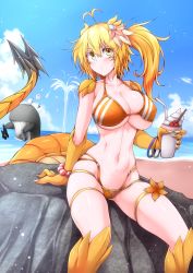 Rule 34 | 1girl, ?, antenna hair, arisa (g (genesis1556)), arm support, bare shoulders, bead bracelet, beads, bikini, blonde hair, bracelet, breasts, commentary request, cup, drinking straw, feet out of frame, g (genesis1556), hair between eyes, hair ornament, highres, holding, holding cup, jewelry, large breasts, long hair, multi-strapped bikini, navel, orange bikini, original, ponytail, rio (g (genesis1556)), rock, sitting, solo, spoken question mark, stomach, swimsuit, tail, thigh strap, thighs, whale, yellow eyes