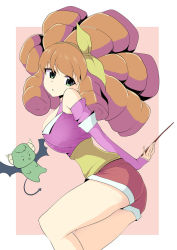 Rule 34 | 1girl, alternate costume, bare shoulders, big hair, breasts, detached sleeves, drill hair, hair ornament, hairband, head tilt, holding, holding wand, large breasts, long hair, looking at viewer, maguro (fufu), melie, orange hair, radiant, red shorts, short shorts, shorts, simple background, solo, wand, yellow hairband
