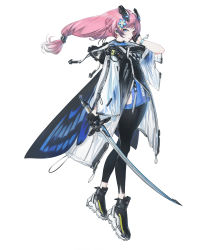Rule 34 | 1girl, black gloves, blue eyes, butterfly wings, coat, earpiece, flower, full body, gloves, hair flower, hair ornament, half gloves, headgear, highres, holding, holding sword, holding weapon, hood, hooded coat, insect wings, katana, leggings, long hair, looking at viewer, miv4t, original, pink hair, see-through, shoes, sneakers, solo, sword, weapon, white background, wings