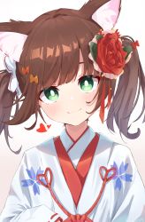 Rule 34 | 1girl, absurdres, animal ears, blush, bow, bright pupils, brown hair, flower, green eyes, hair flower, hair ornament, highres, japanese clothes, kimono, long sleeves, looking at viewer, original, ribbon, short hair, simple background, smile, solo, twintails, wep16night, white pupils