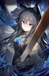 Rule 34 | 1girl, animal ear fluff, animal ears, arknights, black hair, black vest, blue necktie, collared shirt, commentary, greypidjun, highres, holding, holding sword, holding weapon, jacket, jacket on shoulders, long hair, long sleeves, looking at viewer, necktie, orange eyes, shirt, short necktie, solo, sword, texas (arknights), texas the omertosa (arknights), vest, waistcoat, weapon, white shirt, wolf ears, wolf girl