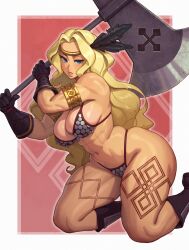 Rule 34 | 1girl, abs, absurdres, amazon (dragon&#039;s crown), armor, bikini armor, blonde hair, breasts, circlet, dragon&#039;s crown, feathers, gloves, highres, large breasts, long hair, muscular, muscular female, riz, solo, swimsuit, tattoo, thick thighs, thighs, weapon