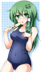 Rule 34 | 1girl, breasts, covered navel, creta (taku10), eating, female focus, food, frog hair ornament, green eyes, green hair, hair ornament, hair tubes, kochiya sanae, large breasts, long hair, matching hair/eyes, one-piece swimsuit, open mouth, popsicle, school swimsuit, snake, solo, swimsuit, touhou