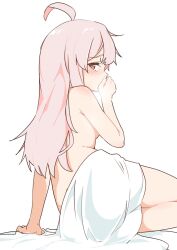 Rule 34 | 1girl, ahoge, bed sheet, blush, brown eyes, commentary, covering own mouth, from behind, hand over own mouth, highres, long hair, looking at viewer, looking back, naked sheet, nude, onii-chan wa oshimai!, oyama mahiro, pink hair, re:ankh (mrsz4523), simple background, sitting, solo, tearing up, white background, yokozuwari