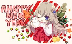 Rule 34 | 1girl, 2017, 9-nine-, animal, bamboo, bird, blue eyes, blush, bow, brown hair, chibi, chicken, chinese zodiac, commentary request, english text, eyelashes, gear hat ornament, hair between eyes, happy new year, holding, holding animal, honda tamanosuke, japanese clothes, kimono, kujou miyako, long hair, miko, new year, one eye closed, open mouth, red bow, rooster, sidelocks, simple background, sleeves past fingers, sleeves past wrists, smile, star (symbol), very long hair, wavy hair, white background, white kimono, wide sleeves, wing hair ornament, year of the rooster