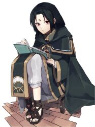 Rule 34 | 1boy, black cape, black capelet, black footwear, black hair, book, cape, capelet, closed mouth, commentary request, facial mark, fire emblem, fire emblem: path of radiance, forehead mark, full body, hair intakes, highres, hood, hood down, hooded capelet, long hair, long sleeves, male focus, nintendo, open book, pants, red eyes, sandals, seinikuten, simple background, sitting, solo, soren (fire emblem), turning page, white background, white pants, wide sleeves