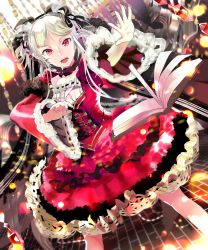 Rule 34 | 119, 1girl, book, dress, hair ornament, hair ribbon, highres, long hair, looking at viewer, open book, open mouth, original, red dress, red eyes, ribbon, shingoku no valhalla gate, solo, white hair