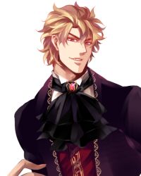 Rule 34 | 1boy, alternate costume, ascot, black ascot, blonde hair, brooch, collared shirt, commentary request, dio brando, fangs, jacket, jewelry, jojo no kimyou na bouken, long sleeves, looking at viewer, male focus, ninoyoru, phantom blood, purple jacket, red brooch, red eyes, shirt, short hair, simple background, smirk, solo, vampire, white background, white shirt