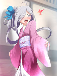 Rule 34 | 10s, 1girl, ^^^, ahoge, asashimo (kancolle), blush, bow, breasts, cowboy shot, fang, floral print, frown, futatsuki hisame, grey eyes, hair bow, hair over one eye, highres, japanese clothes, kantai collection, kimono, long hair, looking to the side, obi, open mouth, ponytail, print kimono, sash, silver hair, sleeves past wrists, small breasts, solo, surprised