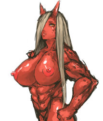 Rule 34 | 1girl, abs, breasts, colored skin, hair over one eye, highres, horns, huge nipples, large areolae, large breasts, looking at viewer, monster girl, multicolored eyes, muscular, muscular female, nameo (judgemasterkou), nipples, nude, oni, original, red eyes, red oni, red skin, silver hair, solo, yellow eyes
