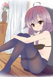 Rule 34 | 10s, 1girl, ahoge, bad id, bad pixiv id, black bra, black pantyhose, blush, bra, breasts, curtains, hair between eyes, hair flaps, hair ornament, hugging own legs, indoors, kantai collection, looking at viewer, low twintails, off shoulder, open mouth, pantyhose, pini, purple hair, red eyes, sitting, strap slip, taigei (kancolle), twintails, underwear, wooden floor
