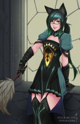 Rule 34 | 1girl, animal ear fluff, animal ears, atalanta (fate), atalanta (fate) (cosplay), black-framed eyewear, cat ears, commentary, cosplay, dress, duster, english commentary, fate/apocrypha, fate (series), feather duster, gauntlets, glasses, gradient hair, green eyes, green hair, grin, highres, less, long hair, looking at viewer, multicolored hair, original, parted lips, patreon username, puffy short sleeves, puffy sleeves, rectangular eyewear, semi-rimless eyewear, short sleeves, signature, smile, solo, tharkis, thighhighs, twitter username, under-rim eyewear