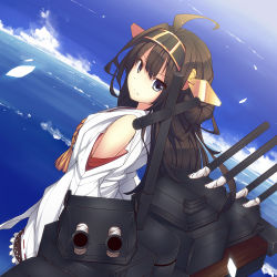 Rule 34 | 10s, 1girl, ahoge, bare shoulders, black eyes, black hair, detached sleeves, hairband, japanese clothes, kantai collection, kongou (kancolle), long hair, looking at viewer, personification, skirt, smile, solo, turret, ugume