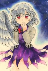 Rule 34 | 1girl, bird wings, braid, collared shirt, commentary request, covering own mouth, feathered wings, grey hair, grey jacket, hand over own mouth, highres, jacket, kishin sagume, looking at viewer, maa (forsythia1729), marker (medium), purple shirt, purple skirt, red eyes, shirt, single wing, sitting, skirt, thighs, touhou, traditional media, white wings, wings