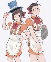 Rule 34 | 1boy, 1girl, ;d, ace attorney, antenna hair, apollo justice, apron, arm up, back bow, blue eyes, blue headwear, blush, bow, bowtie, brother and sister, brown hair, buttons, center frills, closed mouth, collared dress, cowboy shot, crossdressing, dress, dress tug, earrings, embarrassed, frilled apron, frills, hair bow, hand on own hip, hat, hat tip, highres, holding, holding tray, jewelry, kiro iroiro, looking at viewer, lower teeth only, maid, maid apron, male maid, medium hair, one eye closed, open mouth, orange dress, pocket, puffy short sleeves, puffy sleeves, red bow, red bowtie, short dress, short hair, short sleeves, siblings, simple background, smile, swept bangs, teeth, top hat, tray, tres bien maid uniform, trucy wright, white apron, white background, white bow