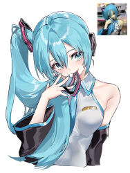 Rule 34 | 1girl, absurdres, alternate hairstyle, aqua eyes, aqua hair, aqua nails, black sleeves, collared shirt, commentary, derivative work, detached sleeves, grey shirt, hand up, hatsune miku, hatsune miku (noodle stopper), highres, long hair, looking at viewer, meme, mouth hold, one side up, parted lips, photo-referenced, photo inset, ribbon, ribbon in mouth, seeshin see, shirt, side ponytail, sidetail miku noodle stopper (meme), simple background, sleeveless, sleeveless shirt, solo, unfinished, very long hair, vocaloid, white background, wide sleeves, wing collar