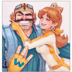 1boy 1girl biker_clothes biker_daisy bikesuit blue_shirt bodysuit brown_hair crown earrings facial_hair fingerless_gloves flower_earrings gloves goggles goggles_on_headwear grin helmet jewelry long_hair mario_(series) mario_kart mustache nintendo omar_dogan open_mouth orange_gloves orange_scarf princess_daisy scarf shirt signature simple_background smile wario warioware yellow_gloves