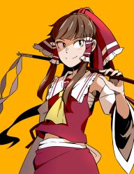 Rule 34 | 1girl, bow, brown eyes, brown hair, commentary request, cowboy shot, detached sleeves, gohei, hair bow, hair tubes, hakurei reimu, holding, long hair, looking at viewer, orange background, over shoulder, ponytail, red bow, red shirt, red skirt, sarashi, shirt, simple background, skirt, smile, solo, tomo (touajukou), touhou, wide sleeves, yellow neckwear
